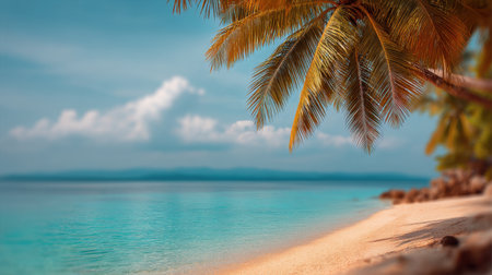 This stunning tropical beach scene features palm tree fronds, tranquil turquoise waters, and soft clouds above, creating a serene atmosphere perfect for relaxation and escape.の素材