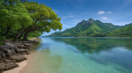 Discover a breathtaking tropical landscape featuring clear waters, lush mountains, and sandy shores. A serene and vibrant scene perfect for travel and relaxation.の素材