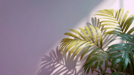 A vibrant green plant with broad leaves creates captivating shadows against a soft pink wall, showcasing natural beauty and elegance in a serene interior space.の素材