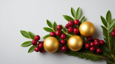 A beautiful composition featuring golden Christmas ornaments nestled among vibrant red berries and lush green leaves, perfect for enhancing holiday spirit and decor.の素材