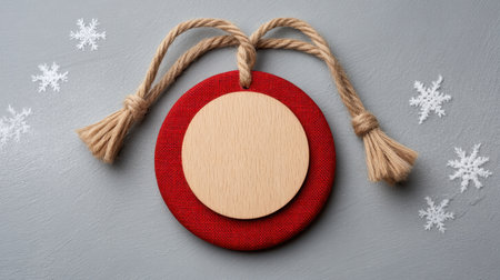 A unique circular wooden tag rests on a vibrant red fabric background, surrounded by snowflakes. Ideal for gift labeling and holiday crafts, it showcases a festive touch.の素材