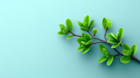 Delicate green leaves on a slender branch create a calming visual against a soft turquoise backdrop, perfect for designs focused on nature and tranquility.の素材