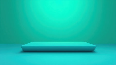 This image features a minimalist turquoise platform against a vibrant background, ideal for product presentations, branding, and creative visuals in modern settings.の素材