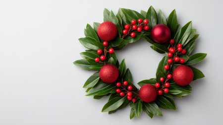 A beautiful Christmas wreath showcasing vibrant green leaves, red berries, and decorative ornaments, perfect for adding festive charm to any indoor space.の素材