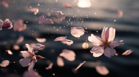 Beautiful soft pink cherry blossom petals float gently on serene water, creating a peaceful ambiance. Sunlight dances on the surface, enhancing the tranquil scene.の素材