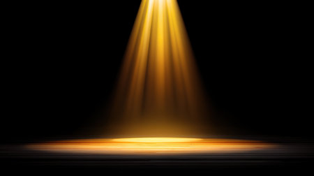 A dramatic spotlight shines brightly on a dark stage, creating an inviting atmosphere for performances or presentations. The warm gold and yellow light enhances the visual impact.の素材