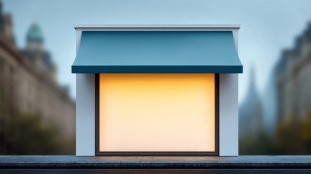This image features a modern storefront with a stylish awning and a blank window display, set in an urban environment during dusk, perfect for advertising purposes.の素材