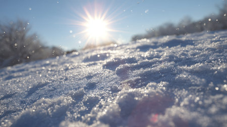 A captivating snowy landscape showcasing a sparkling effect under bright sunlight, with serene trees in the background and a clear blue sky. Perfect winter scene.の素材