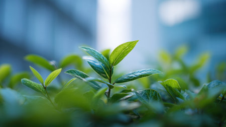 Close-up view of fresh green leaves in soft natural light, offering a serene atmosphere in an urban setting. The blurred background enhances the tranquil feel.の素材