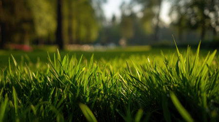 Enjoy a serene close-up view of vibrant green grass, perfectly illuminated by soft sunlight in a tranquil park setting, ideal for nature appreciation.の素材