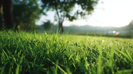 A captivating close-up image showcasing dewy green grass illuminated by soft morning light. This peaceful scene captures the essence of nature's vibrancy and freshness.の素材