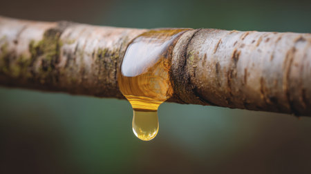 A stunning close-up image showcasing a droplet of golden amber liquid dripping from the bark of a tree, surrounded by a calming blurred green background, symbolizing nature's purity.の素材