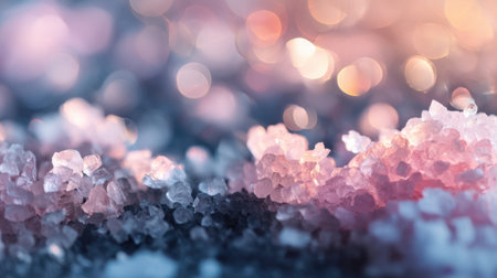 A stunning close-up image showcasing vibrant sea salt crystals on a soft gradient background. The sparkling light reflections create a mesmerizing aesthetic for culinary and wellness themes.の素材