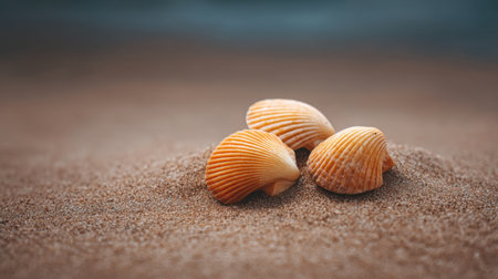 Three vibrant seashells rest on a soft sandy beach, showcasing beautiful colors and textures. This serene coastal scene captures the essence of nature and relaxation.の素材
