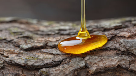 A close-up image of golden honey dripping from a spoon onto a rustic wooden surface, showcasing the rich, smooth texture and vibrant color that represents natural sweetness.の素材