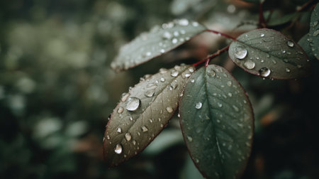 A stunning close-up view of green leaves adorned with water droplets, creating a refreshing and tranquil atmosphere, perfect for nature-themed projects.の素材