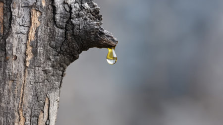 A stunning close-up image illustrating a single water droplet hanging from a rugged tree bark. The blurred background adds depth, showcasing the beauty of nature.の素材