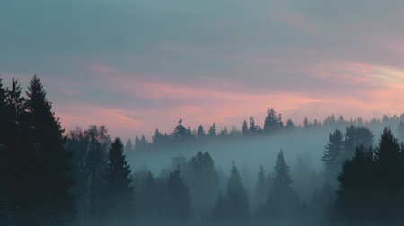 Explore a serene forest landscape during dusk, where mist envelops tall evergreen trees under a colorful sky, creating a tranquil and enchanting atmosphere of natural beauty.の素材