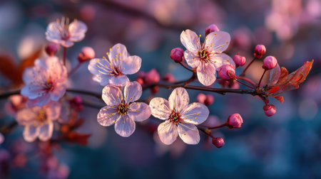 A stunning close-up of a cherry blossom branch showcasing delicate pink flowers and buds, creating a serene atmosphere, perfect for nature enthusiasts and seasonal themes.の素材