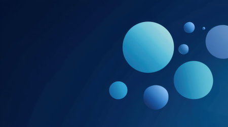 This abstract background features various blue spheres against a dark gradient backdrop, offering a modern design perfect for creative projects and artistic visuals.の素材