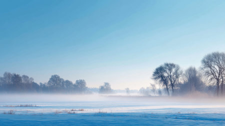 A peaceful winter landscape features a clear blue sky above a snow-covered field, with mist hovering above the ground and silhouettes of trees in the distance.の素材