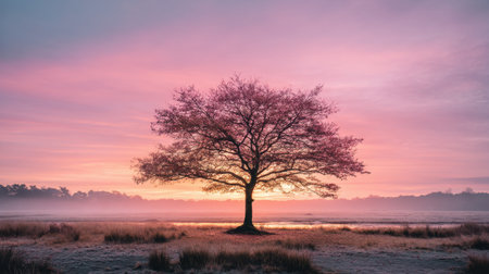 A tranquil morning scene featuring a lone tree silhouetted against a stunning pink and purple sky at sunrise. Mist envelops the landscape, creating a serene atmosphere.の素材