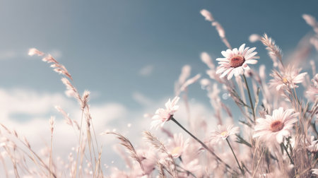 A serene meadow filled with blooming daisies under a soft pastel sky. The warm sunlight creates a peaceful atmosphere, ideal for relaxation and nature appreciation.の素材