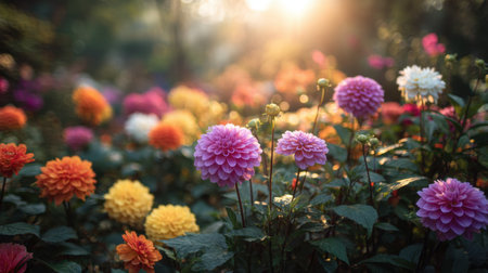 A stunning floral scene captures vibrant dahlias blooming in a garden bathed in soft morning light. This image evokes tranquility, beauty, and a connection to nature.の素材