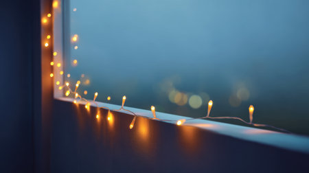 A serene scene of fairy lights delicately draped along a window sill, creating a cozy atmosphere with a soft glow and a blurred background for a peaceful evening setting.の素材