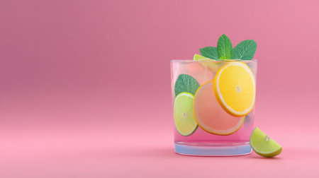 A vibrant and refreshing summer beverage featuring citrus slices and mint leaves in a transparent glass, set against a soft pink background, perfect for relaxation.の素材