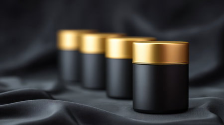 This image features a series of elegant black containers with gold lids arranged on soft black fabric, perfect for showcasing luxury products in stylish branding imagery.の素材