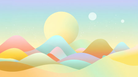 This abstract landscape features gentle, pastel-colored mountains beneath a large yellow sun, creating a calm and dreamy scene ideal for design projects.の素材