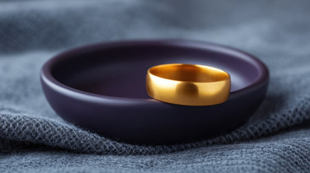 A stunning gold ring rests on a deep purple dish, highlighting its shine against soft fabric. This image captures the essence of luxury and elegant simplicity in jewelry.の素材