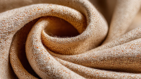 This close-up image captures the beauty of soft beige fabric in a spiral formation, revealing intricate textures and warm tones that evoke a sense of comfort and elegance.の素材