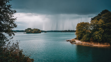 A tranquil lake scene depicts dark clouds and rain falling over isolated islands. Surrounded by colorful trees, the serene waters create a stunning atmosphere.の素材