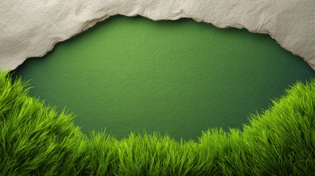 Capture the essence of nature with this scene of a green water surface framed by vibrant grass and a textured rock edge, perfect for design or backgrounds.の素材