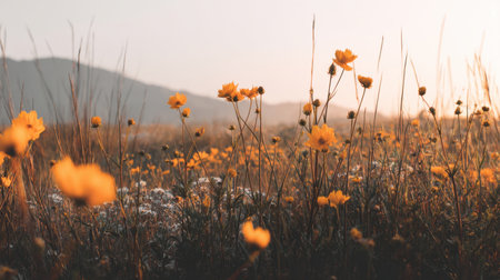 A stunning scene of wildflowers blooming in a golden field at sunrise, with soft mountains in the background. Perfect for nature enthusiasts and photographers.の素材