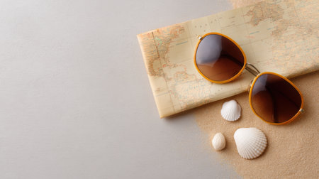 A stylish pair of sunglasses rests atop a vintage map surrounded by seashells on a sandy surface, evoking summer vibes and a sense of adventure.の素材