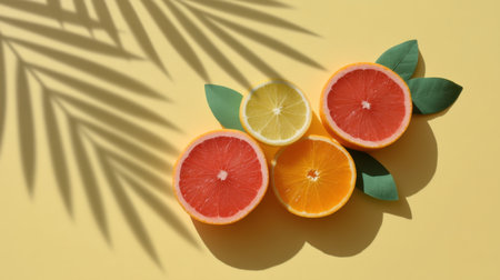 Delight in the colorful display of fresh citrus fruit slices on a yellow background with a palm shadow. Perfect for summer vibes and healthy living themes.の素材