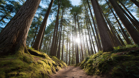 A captivating view of a serene forest path, where sunlight filters through tall trees, creating an enchanting atmosphere surrounded by lush greenery and moss.の素材
