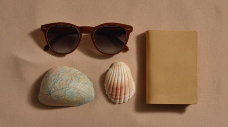 Flat lay composition featuring stylish sunglasses, decorative shells, and a notebook on a soft beige surface. Ideal for conveying summer relaxation and travel vibes.の素材