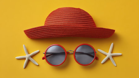 Bright and cheerful summer accessories including a red sun hat, round sunglasses, and starfish arranged on a vibrant yellow background, perfect for vacation vibes.の素材