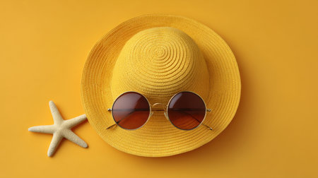 A vibrant yellow summer hat paired with stylish sunglasses and a starfish, set against a lively orange background, perfect for beach and vacation themes.の素材