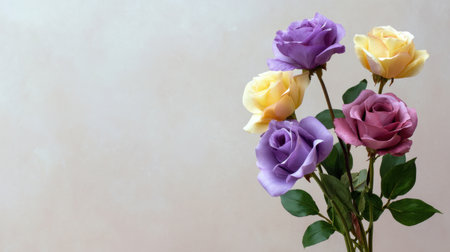 A stunning floral arrangement featuring lavender, yellow, and mauve roses against a gentle neutral background, perfect for home decor, design work, or special occasions.の素材