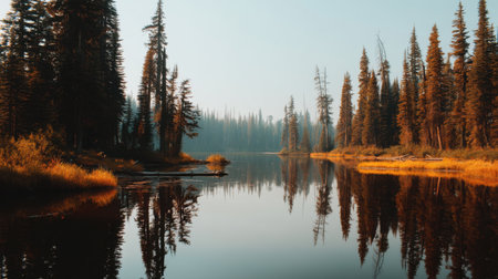 Discover a picturesque natural scene featuring a serene lake and towering trees, perfectly mirrored in the still water, creating a calming atmosphere.の素材