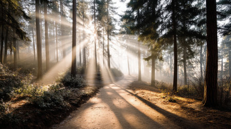 A breathtaking view of sunlight filtering through tall trees on a misty morning, casting gentle shadows on a tranquil forest pathway, inviting calmness and inspiration.の素材
