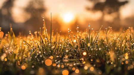 This stunning image captures dew on grass blades illuminated by the morning sunlight, creating a peaceful scene ideal for nature lovers and outdoor enthusiasts.の素材