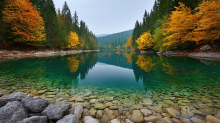 Experience the serene beauty of a tranquil lake surrounded by vibrant autumn foliage, reflecting a picturesque forest landscape in stunning clarity.の素材