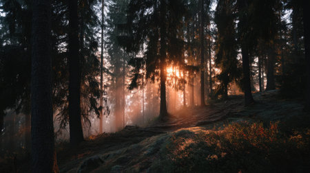 A tranquil forest scene captured at dawn, showcasing sunlight filtering through trees and mist that creates a serene and peaceful atmosphere in nature.の素材