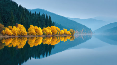 Experience the serene beauty of an autumn landscape with vibrant yellow trees reflecting in a tranquil lake, framed by misty blue hills under soft morning light.の素材